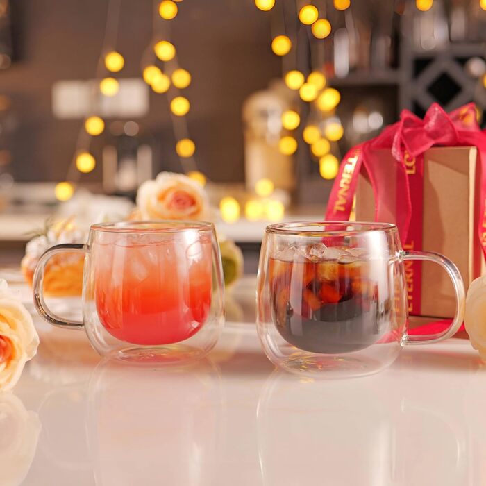 Набір з 2 склянок для кави CNGLASS 480мл з подвійними стінками, з ручкою, для лате макіато, капучино, чаю та молока. Термоізоляція