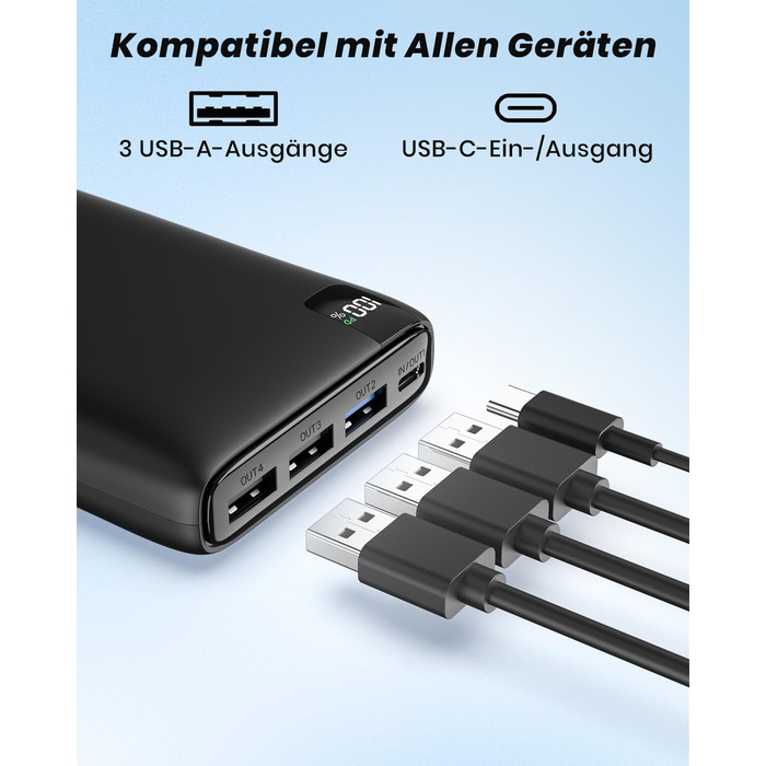 Power Bank Riapow 26800mAh з LED-дисплеєм: зарядка для смартфонів та планшетів, 4 порти USB, 22,5W, чорний