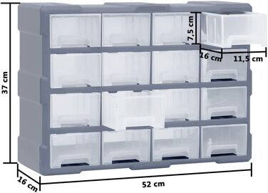 Органайзер для дрібниць vidaXL з 16 шухлядами, 52x16x37,5 см, сірий, багатосекційний бокс для зберігання інструментів і комплектуючих
