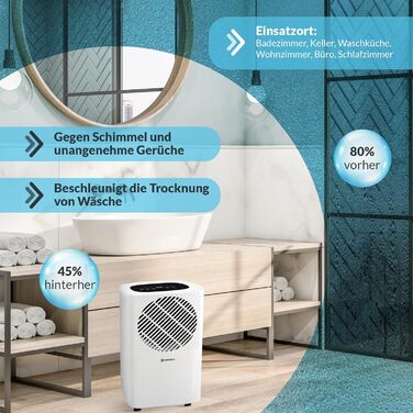 HANTECH Dehumidifier 10 Liters/Day Room Size 16m² Model: TECH10 - Timer, Anti-Mold and Humidity, Dry Laundry, Electric, Basement, Bathroom, Kitchen