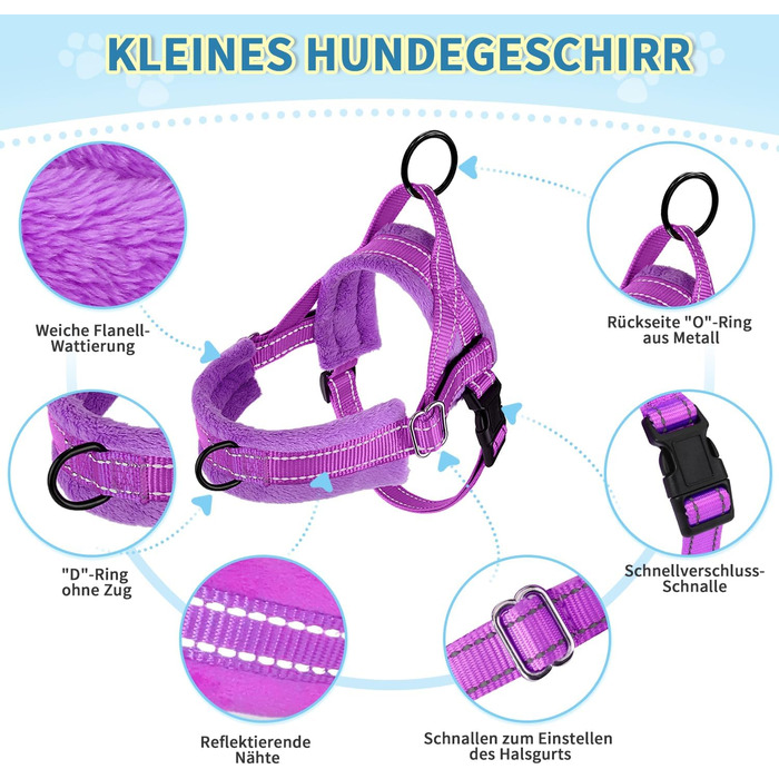 Нашийник для собак середніх та маленьких порід, м'який, не тягне, з 2 карабінами, легкий, світловідбиваючий, чорний (S, фіолетовий)