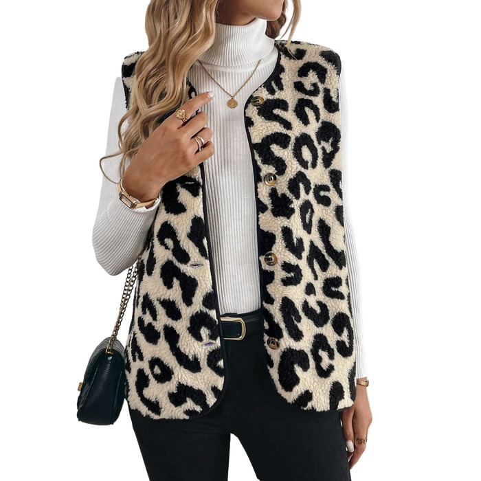Жіноча жилетка GORGITTER з леопардовим принтом, без рукавів, легка, тепла, з ґудзиками, повсякденна, перехідна жилетка для осені та зими, бежева, розмір S