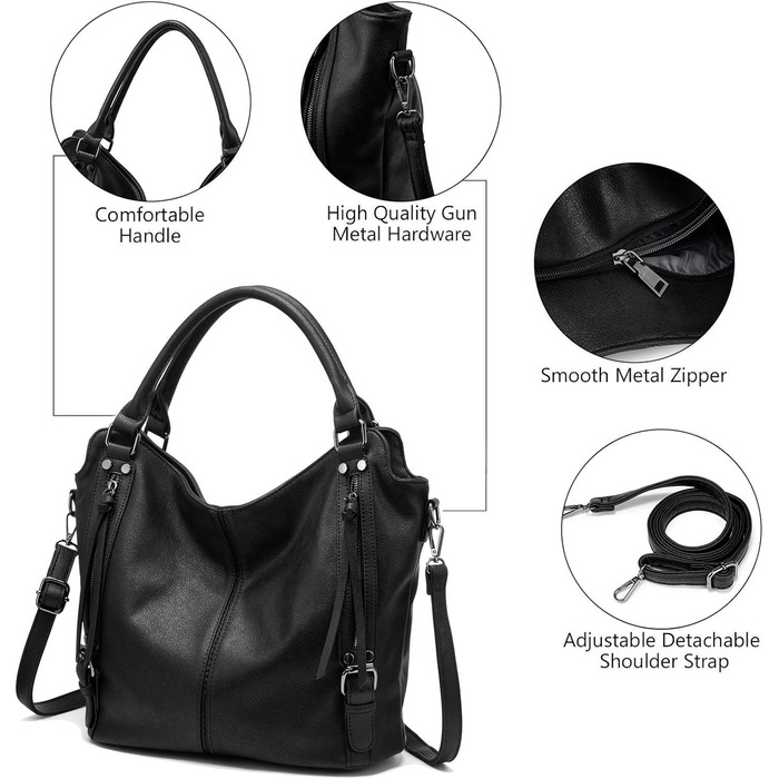 Жіноча сумка-шопер 2в1 Reaer: сумка через плече та хобо для офісу, навчання, покупок, подорожей, чорна (M)