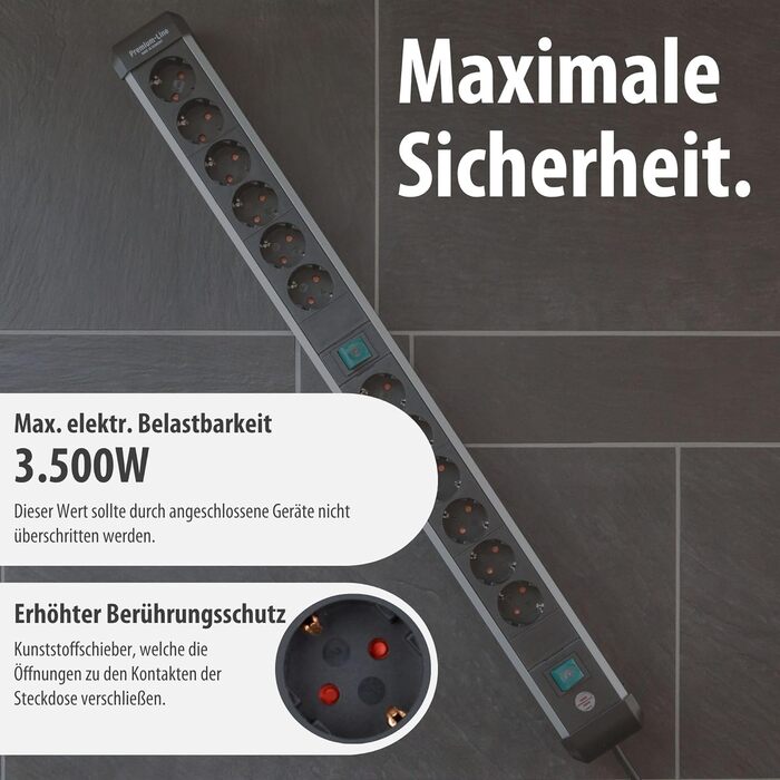 Бренненштуль Преміум-Алю-Лайт Розподільник розеток 12-фазний з алюмінію (багаторозетова панель з 2 вимикачами та 3м кабелем, Made in Germany), Нова версія Single