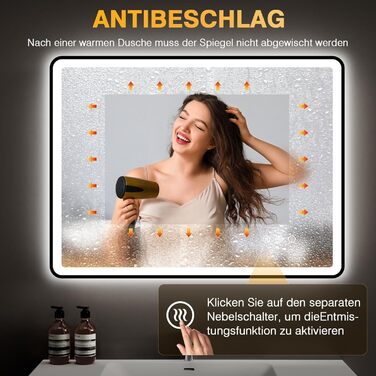 Дзеркало для ванної кімнати з підсвічуванням 80x60 см, 3 кольори, регульована яскравість, антизапар, 3x збільшення, розетка для гоління, IP44, для горизонтального/вертикального монтажу