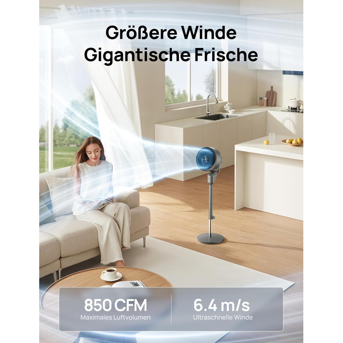 Вентилятор Dreo Leiser: турецький, з дистанційним керуванням, 1444 м³/год, осциляція, таймер 6 годин, функція ароматерапії, сірий