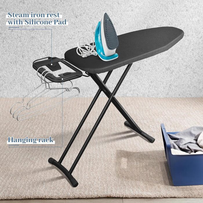 BBTEQEKN Height-Adjustable Deluxe Ironing Board, size 140 x 38 cm, foldable extra-wide ironing board with hook, ironing board made of thick steel suitable for most steam irons (Black)