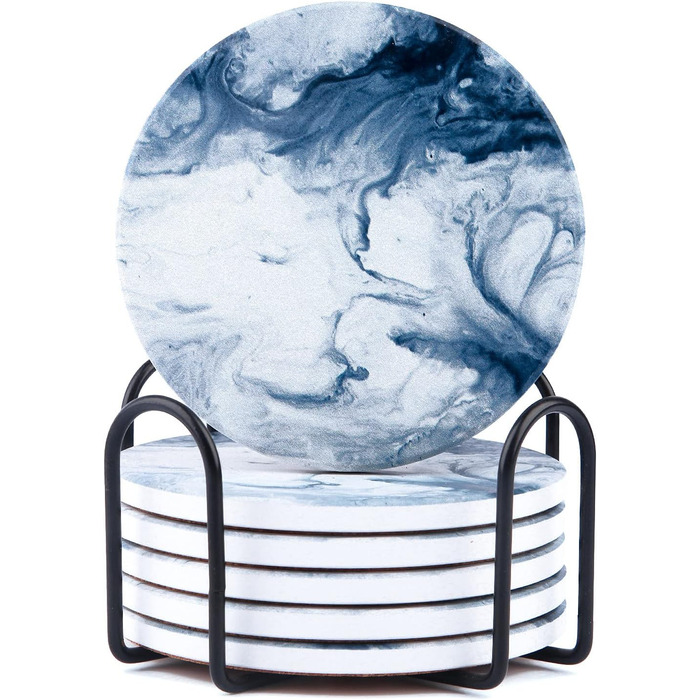 Fun coasters for drinks, marble-style, absorbent ceramic coasters with metal stand, housewarming gifts, decor set of 6, with cork base for wood table