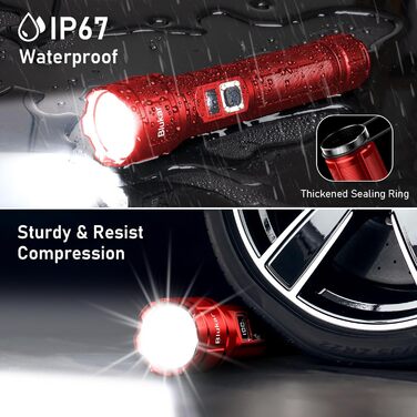 LED ліхтарик Blukar: перезарядна модель, екстремально яскравий, з функцією зуму, 5 режимів, водонепроникний IP67, для кемпінгу та надзвичайних ситуацій (червоний)