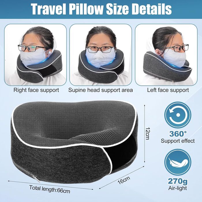 Подушка для шиї у літак та автомобіль, 100% Memory Foam, 360° регулювання, для дорослих