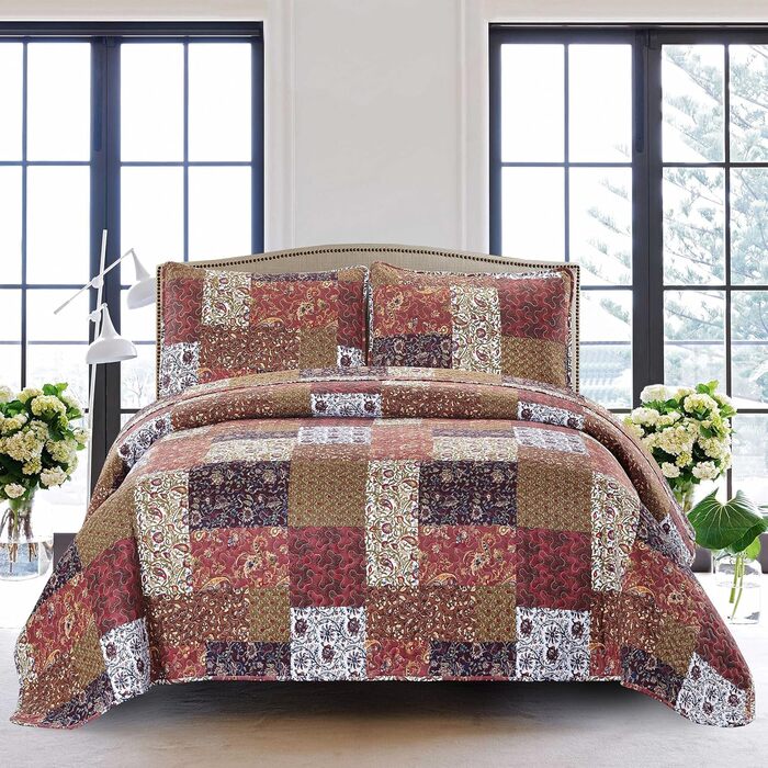 Комплект постільної білизни Red Riches 2-частинний – двоспальне ліжко з 1 наволочкою, осінній дизайн пэтчворк, легка стегане покривало, осінній стиль кантрі.