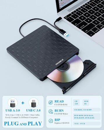 Зовнішній DVD-привід ORIGBELIE, CD-брунер з 4 USB та 2 TF/SD слотами, ультратонкий оптичний накопичувач для ноутбука, ПК, Mac OS, Windows, Linux