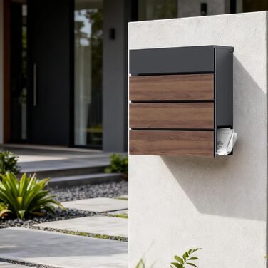 Поштова скринька настінна V63 Anthrazit з дерев'яним декором, сталь, з замком та м'якою кришкою, 410x130x370 мм