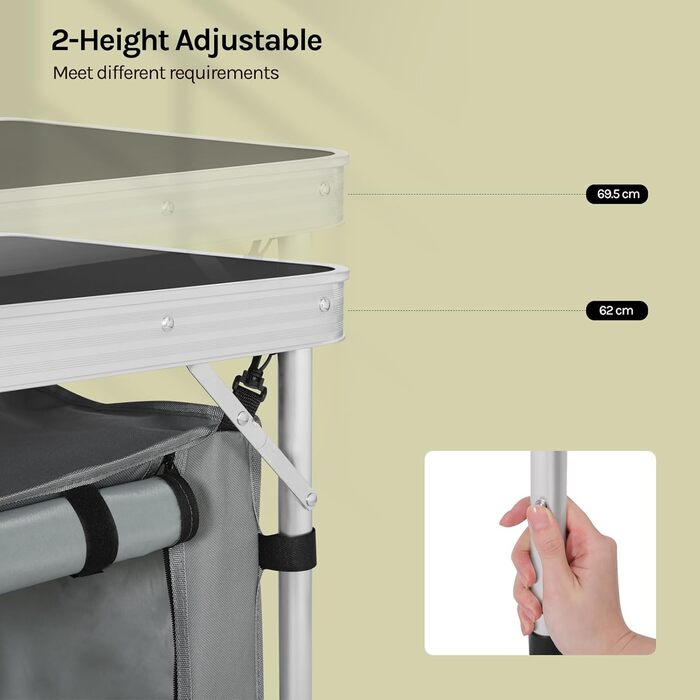 Складний алюмінієвий кемпінговий стіл-шафа WOLTU з регульованою висотою, чорно-сірий. Меблі для пікніка, пляжу, саду.