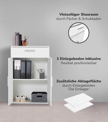 Multipurpose cabinet 60cm wide with drawers 'The Practical', small office cabinet or filing cabinet, also as a shoe cabinet or storage cabinet in 60x90x34 cm (W/H/D) in white