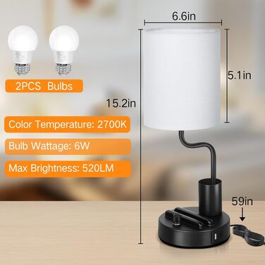 LED настільна лампа OUTON 2 шт. з USB-A та USB-C, сенсорне регулювання, тепле світло 2700K, підставка для телефону та ручок, сучасна керамічна лампа для спальні, вітальні, офісу (чорний)