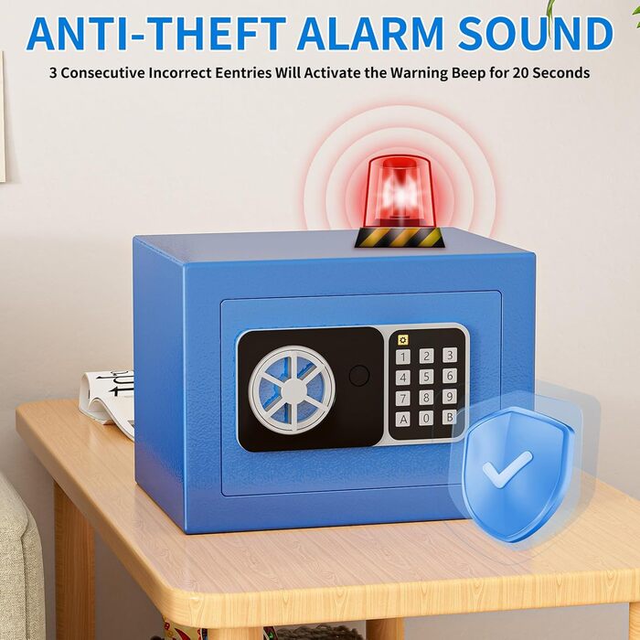 KABISAFE Сейф цифровий 6,8 л, маленький сейф для дому, електронна касета безпеки, настінний сейф для домашнього офісу з 2 ключами, міні-сейф 23 x 17 x 17 см, блакитний