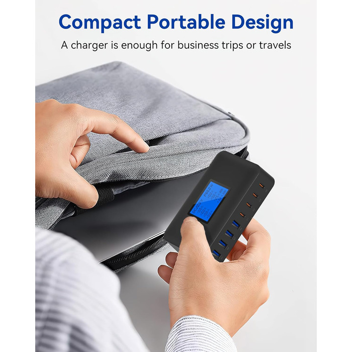 Зарядний пристрій USB C 200W, 8 портів, PD 65W з LCD дисплеєм для MacBook, iPad, iPhone 16/15/14/13 Pro/Max, Samsung S24/S23 – Чорний