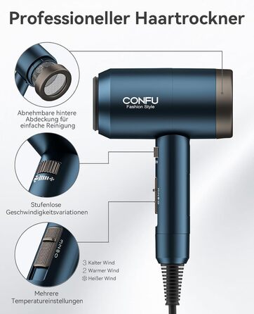 Іонізатор для волосся Föhn, 1800W, з насадкою-дифузором, 3 режими температури, безліч налаштувань швидкості, портативний фен (блакитний)