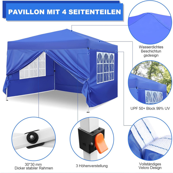 Gazebo, Leadyeah Pop-Up Pavilion with Sides, Foldable Camping Pavilion 2.5 x 2.5, Heavy-Duty Pavilion Tent, Completely Waterproof, 50+ UV Protection for Camping, Party - Beige (3mBlue)