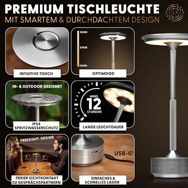 Світлодіодна настільна лампа ELYSIA з акумулятором, димується, бездротова, сенсорна, для дому та вулиці (IP54), тепле світло (2200K-2700K-3200K), USB-C, алюмінієва (срібна)