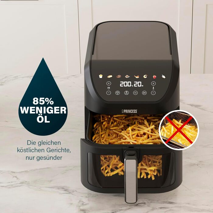 Princess SlimFry Hot Air Fryer 8 L, space-saving, fat-free cooking technology, 8 programs, viewing window, powerful (2000 W) and quiet operation (55 db), Black, Airfryer 01.182258.01.001 COMPACT, SLIM DESIGN 8L