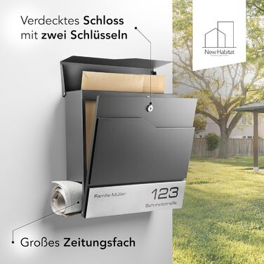 Поштовий ящик настінний модерн Tokio Anthrazit RAL7016 з газетницею, гравіюванням імені та номера будинку з нержавіючої сталі. Стійкий до іржі та УФ-випромінювання