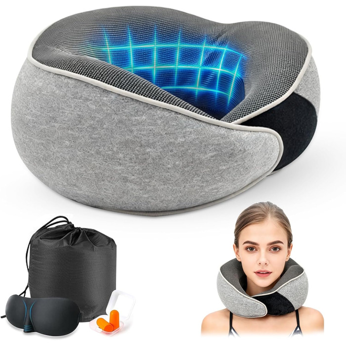 Подушка для шиї у літак, подушка для подорожей Memory Foam 360° підтримка, подушка-вичку для дорослих з берушами, маскою для очей та сумкою. Регульована компактна подушка для подорожей літаком, автомобілем, поїздом