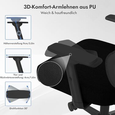 Ергономічне крісло для офісу та геймінгу з регульованою підголівником та 3D підлокітниками, підтримкою попереку, чорне