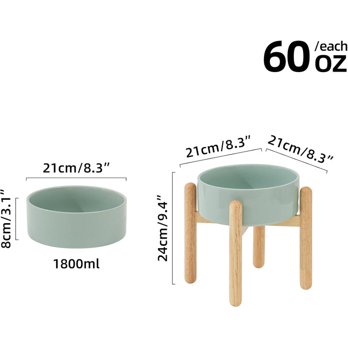 Керамічна миска для собак 21 см на підставці, великі породи, годівниця та поїлка (1 шт., світло-зелена)