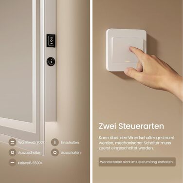 LED дзеркало для ванної кімнати EMKE 40x60 см з підсвіткою, антизапарник, регулювання кольору світла, сенсорне управління, алюмінієва рама, IP44, енергозберігаюче