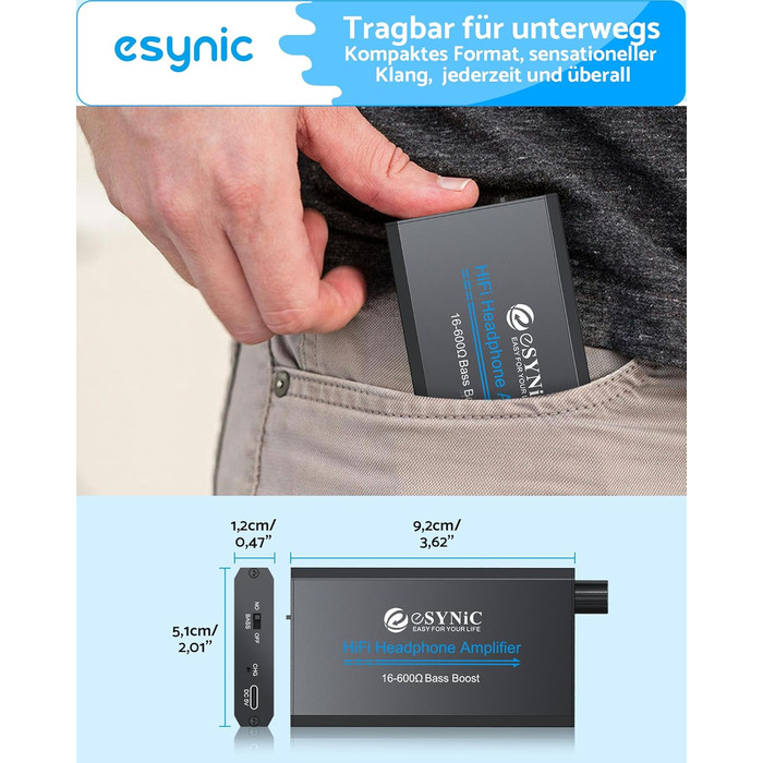 eSynic Підсилювач для навушників HiFi – портативний, 3.5mm AUX, 1000mAh, для MP3/MP4/Smartphone/PC, підходить для навушників 16-600 Ом, алюмінієвий корпус