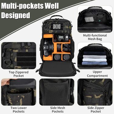 Рюкзак для камери з відділенням для ноутбука 15,6 дюймів - водонепроникний, міцний фоторюкзак для Canon, Nikon, DJI | Знімний вкладиш, кріплення для штатива, чорний камуфляж
