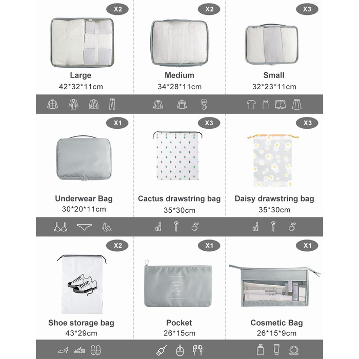 Набір органайзерів для валізи 18 шт, водонепроникні Packing Cubes, сірий - багатофункціональні тревел-органайзери для подорожей з чохлами для одягу