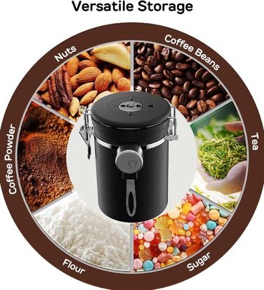 Coffee Gator Контейнер для кави з нержавіючої сталі, герметичний, з датчиком свіжості, клапаном CO2, ложкою, для кавових зерен, меленої кави, горіхів, чаю, цукру (Чорний, L)