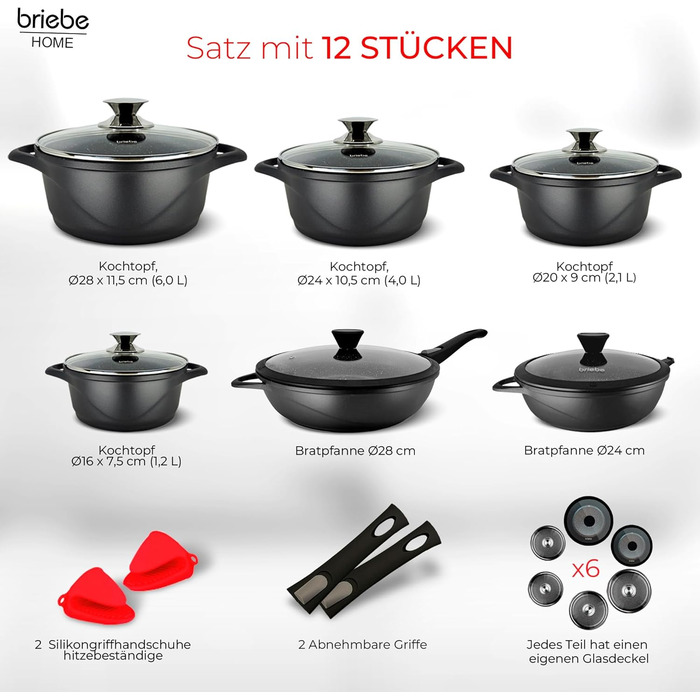 Набір посуду Induktion BRIEBЕ 12-ти частинний: 4 казани з алюмінію, 2 сковорідки з антипригарним покриттям ILAG GRANITEC (без PFOA), кришки зі скла, рукавички з силікону. Підходить для індукційних, газових плит та духовки.