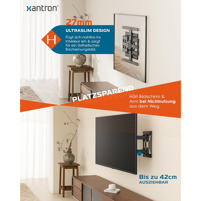 Настінний кріплення для телевізора Xantron Slim Fit, поворотний, з аксесуарами - відстань від стіни 27 мм, 43-90 дюймів, VESA до 600x400, до 75 кг - SLIMLINE-466US