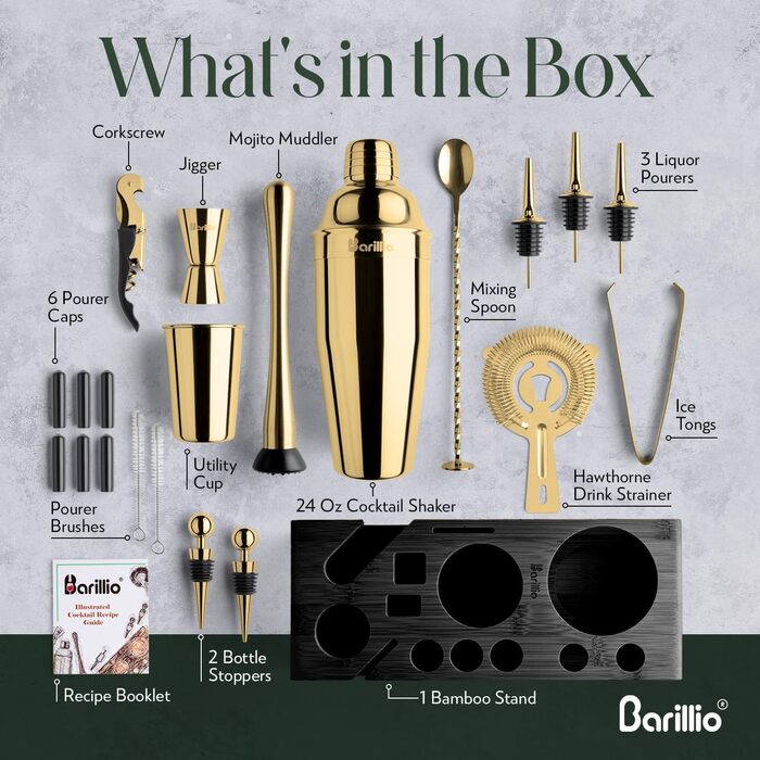 Набір бармена Barillio: шейкер, міксер, мадлер з нержавіючої сталі та бамбуковим підставкою. Ідеальний для приготування коктейлів вдома.