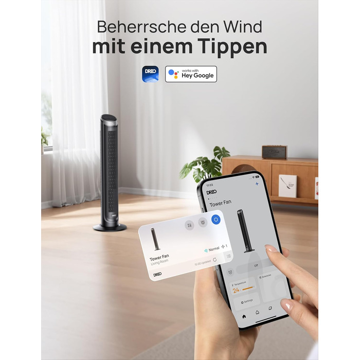 DREO Smart Tower Ventilator: Тихий вентилятор з Wi-Fi, дистанційним керуванням та керуванням голосом (Alexa), 90° осциляція, 5 швидкостей, 12-годинний таймер, сріблястий