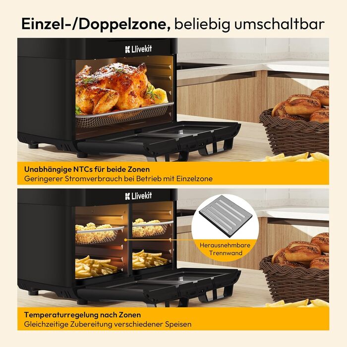 Фритюрниця повітряна LLIVEKIT 15L з 2 камерами, з оглядовим вікном, 2600W, 12-в-1, чорна, з таймером та 8 аксесуарами
