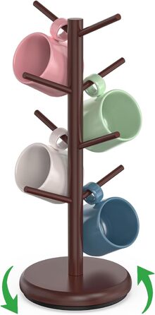 BAMBANG Bamboo Coffee Mug Tree, Swivel Coffee Mug Holder for Countertop, Coffee Mug Shelf with 8 Hooks, Coffee Mug Organizer, Coffee Mug Hanger for Coffee Bar, (Espresso)