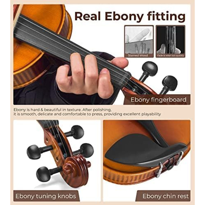 Скрипка 4/4 повного розміру, повний комплект для професійних, початківців, дорослих, підлітків та студентів, з дерев'яним корпусом та ебонітовими аксесуарами, у жорсткому кейсі