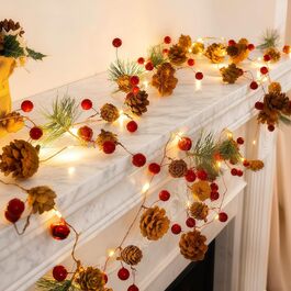 LED гірлянда на ялинку з шишками та червоними ягодами, 2м, 20 LED, тепле біле світло, режим блимання, для прикрашання дому та саду
