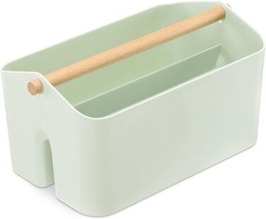 Navaris Storage Box with Wooden Handle - 2 Compartment Box Organizer for Bathroom Kitchen - Basket Storage for Cutlery Cleaning Supplies Portable Small - mint green