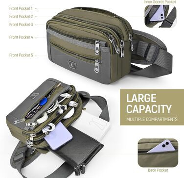 Поясна сумка на пояс для чоловіків та жінок з 7 кишенями на блискавці. Ідеальна для спорту, фітнесу, бігу, велоспорту, подорожей та кемпінгу. Зелений колір.