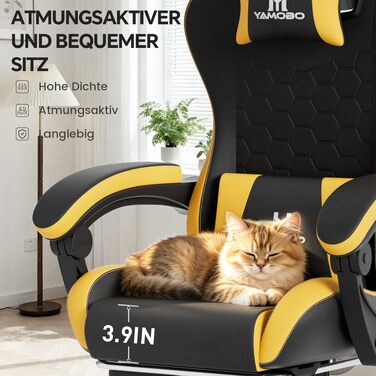 Ігрове крісло Racing Ergonomic з підставкою для ніг та масажним подушкою під поперек, навантаження до 150 кг, екошкіра, офісне крісло (Чорно-жовте)