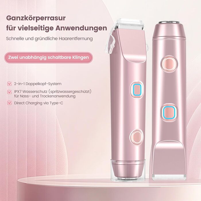 Епілятор для жінок 2-в-1 з тримером для бікіні, ніг, тіла. Вологостійкий, USB-C, рожеве золото