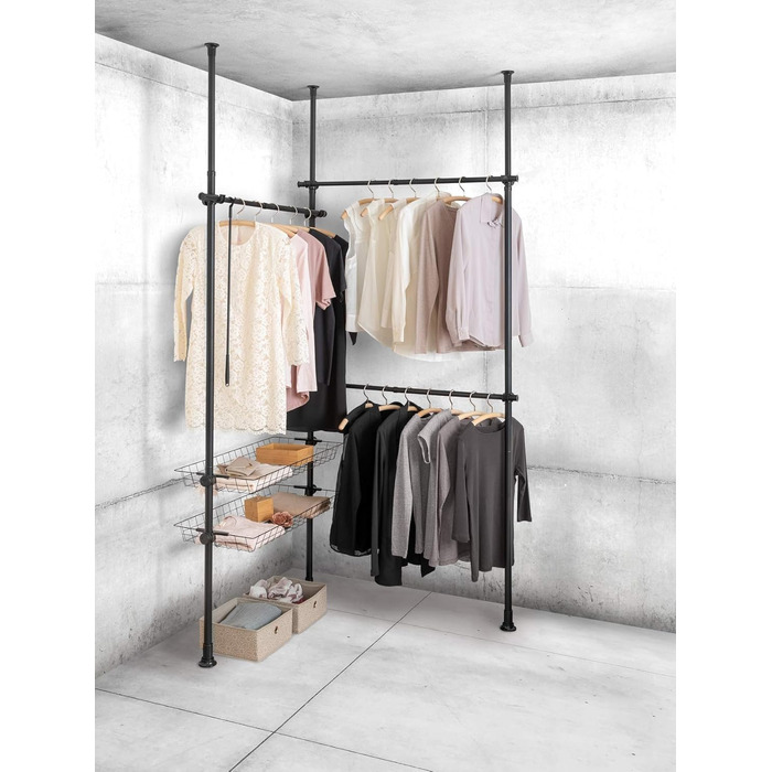 WENKO Telescopic System Hercules Duo, 3 Clothes Rails, 2 Storage Baskets, Extendable, Powder-Coated Metal, 164-215 x 165-300 x 38 cm, Matte Black