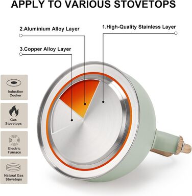 Чайник для плити Vegoran 3 л з гучним свистком, нержавіюча сталь з дерев'ястим декором, з кришкою-захопленням, для чаю, кави, молока (зелений)