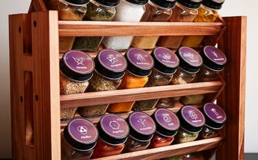 Elegant dark spice rack, wood standing & wall-mounted, 18 spice jars, 25 labels. Spice organizer, spice rack, kitchen shelf, wood, vintage. Spice rack - spice rack system hanging - spice storage (pine wood)